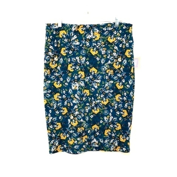 lularoe Cassie Blue & Yellow Floral Pencil Skirt - Picture 1 of 4